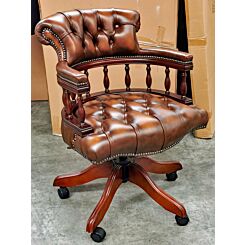 Captains swivel Chesterfield bureustoel, antiek tan leer