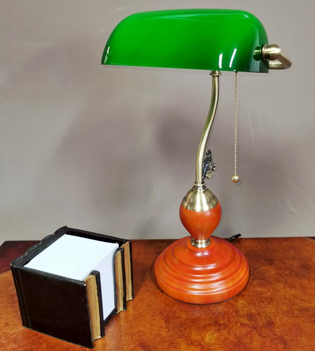 Cabinet Banker Lamp Gold Look Green Glass Shade Decorative Base Office and  Home Decoration!