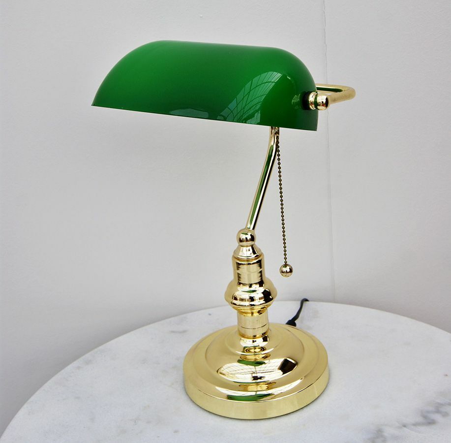 Brass Desk top Bankers Lamp with green glass, English Decorations
