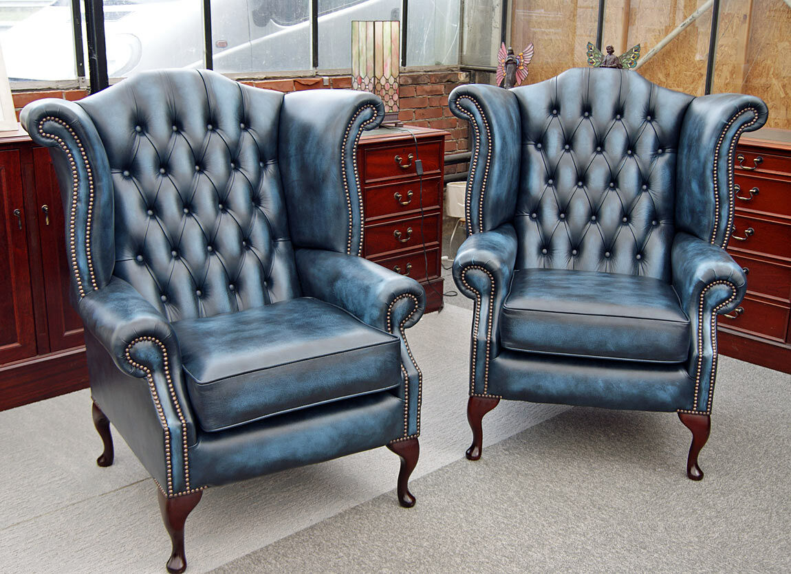 verhoging Kano karton 2 x Chesterfield Scroll Wing chairs antique blue leather, English  Decorations