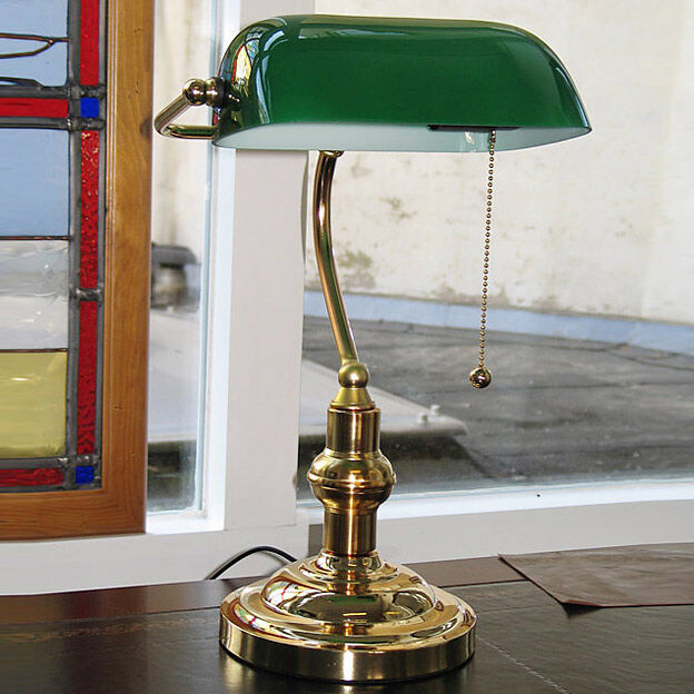 Traditional Bankers Lamp Large In Raw Brass Finish With Green